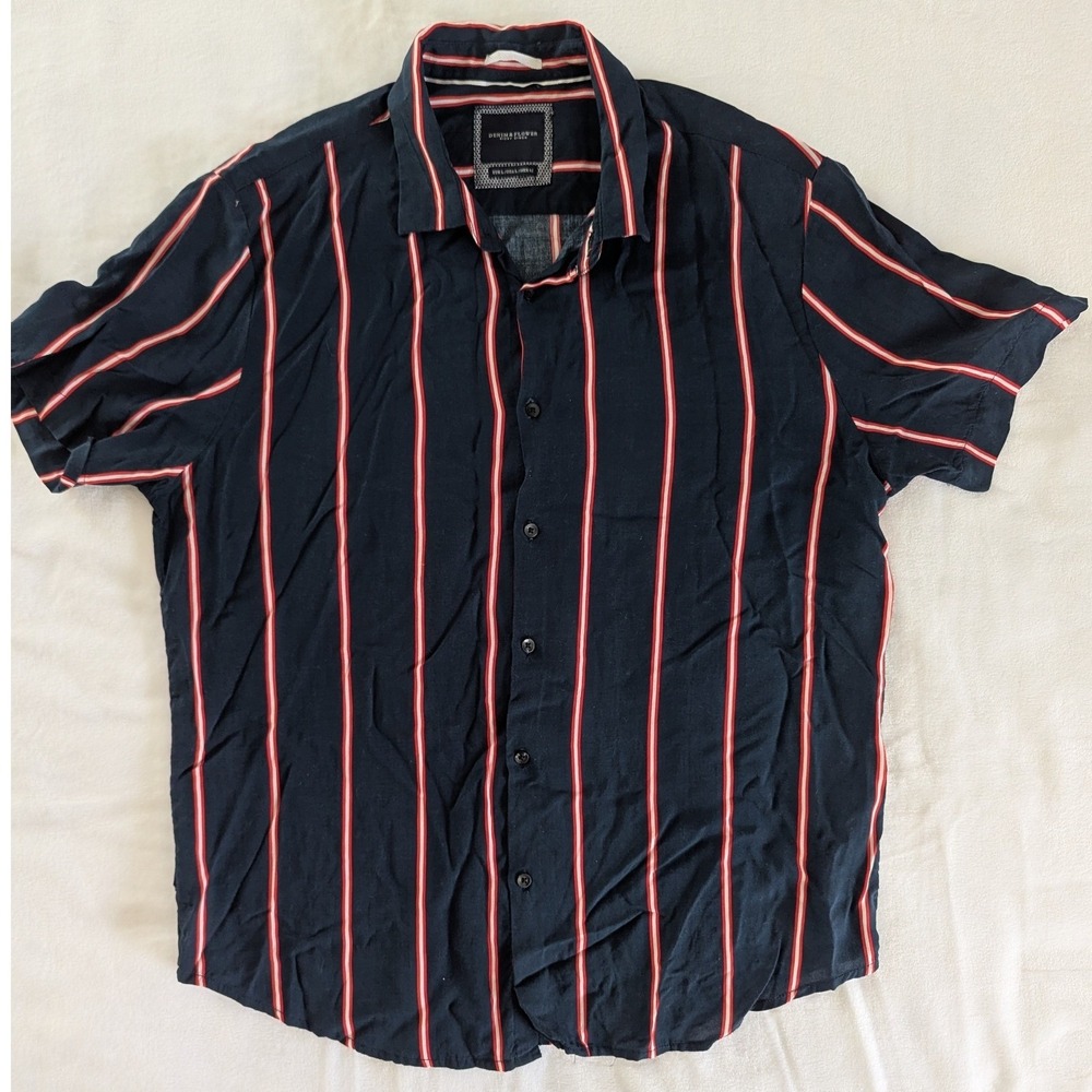 Denim & Flower Button Up Navy Red White Striped Short Sleeve Shirt Sz L Retro